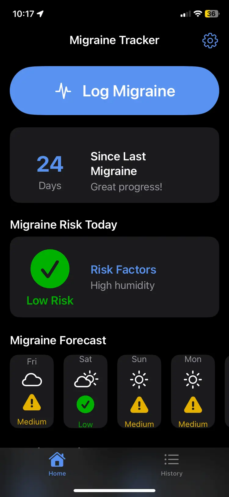 Migraine Weather App Home Screen